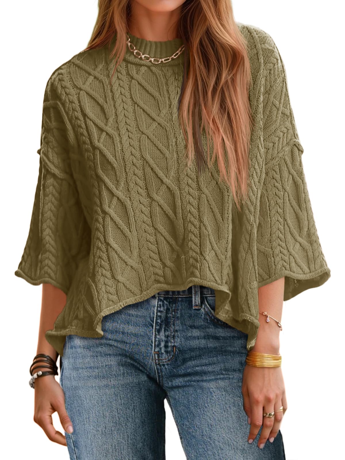Womens Cable Knit Cropped Sweaters Oversize 3/4 Sleeve Pullover