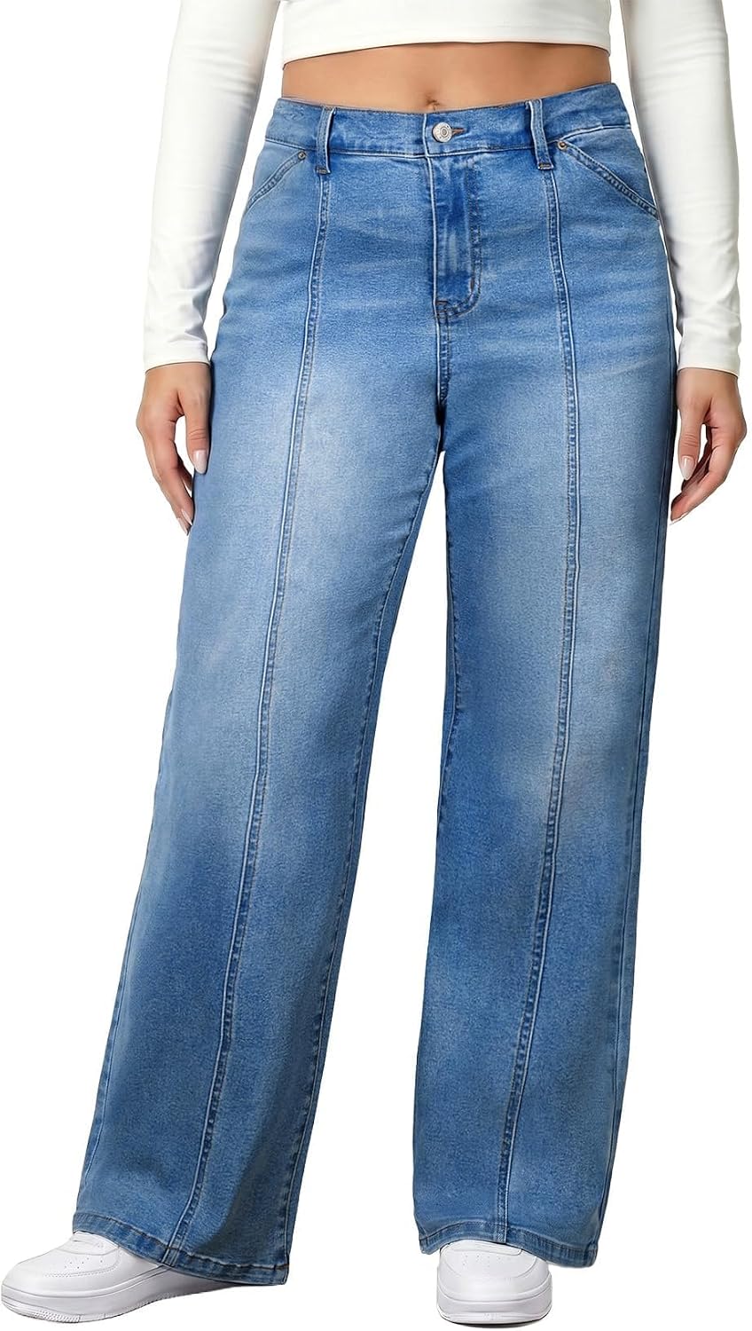 Plus Size Wide Leg Jeans High Waisted Stretchy Denim Pants
