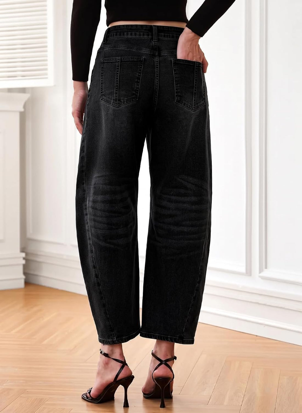Womens Barrel Jeans High Waist Baggy Cropped Stretch Denim Pants