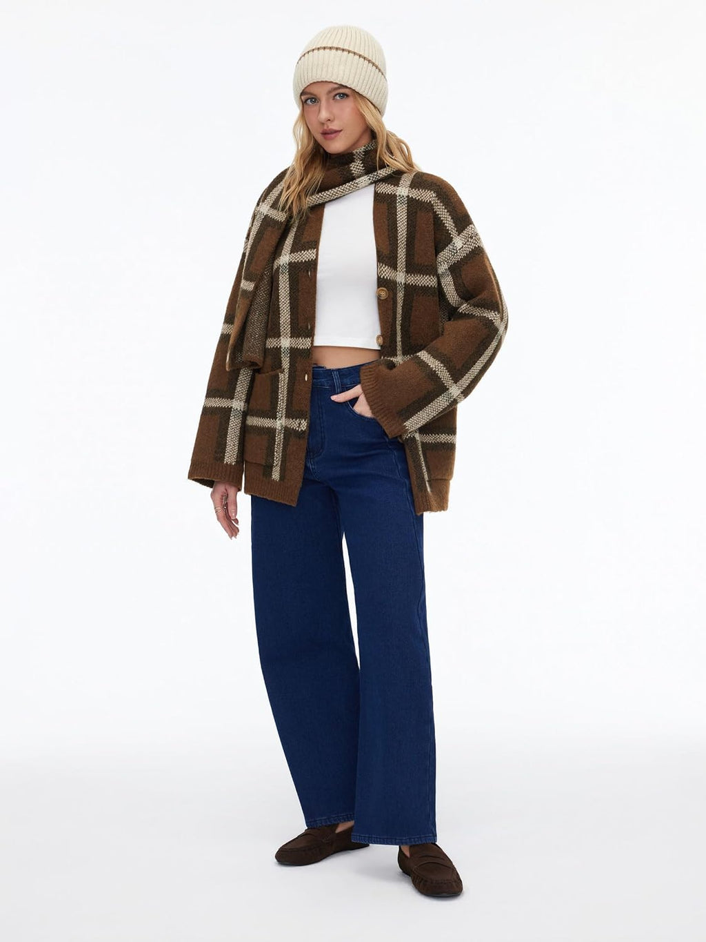 Oversized Plaid Cardigan Sweaters Knit Jacket with Matching Scarf