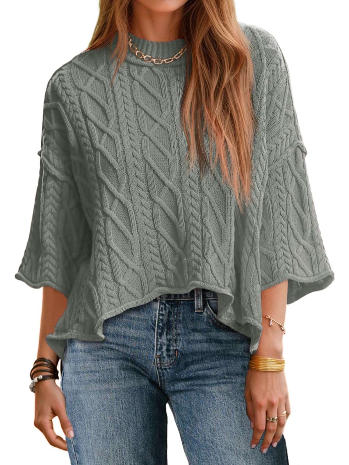 Womens Cable Knit Cropped Sweaters Oversize 3/4 Sleeve Pullover