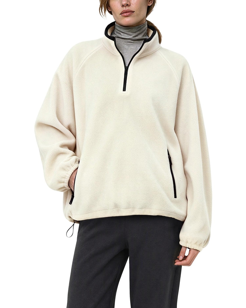 Womens Fleece Quarter Zip Pullover Jacket with Zip Pockets