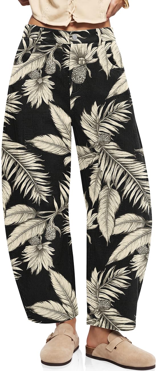 Womens Barrel Corduroy Pants Wide Leg Floral Printed Baggy Trousers