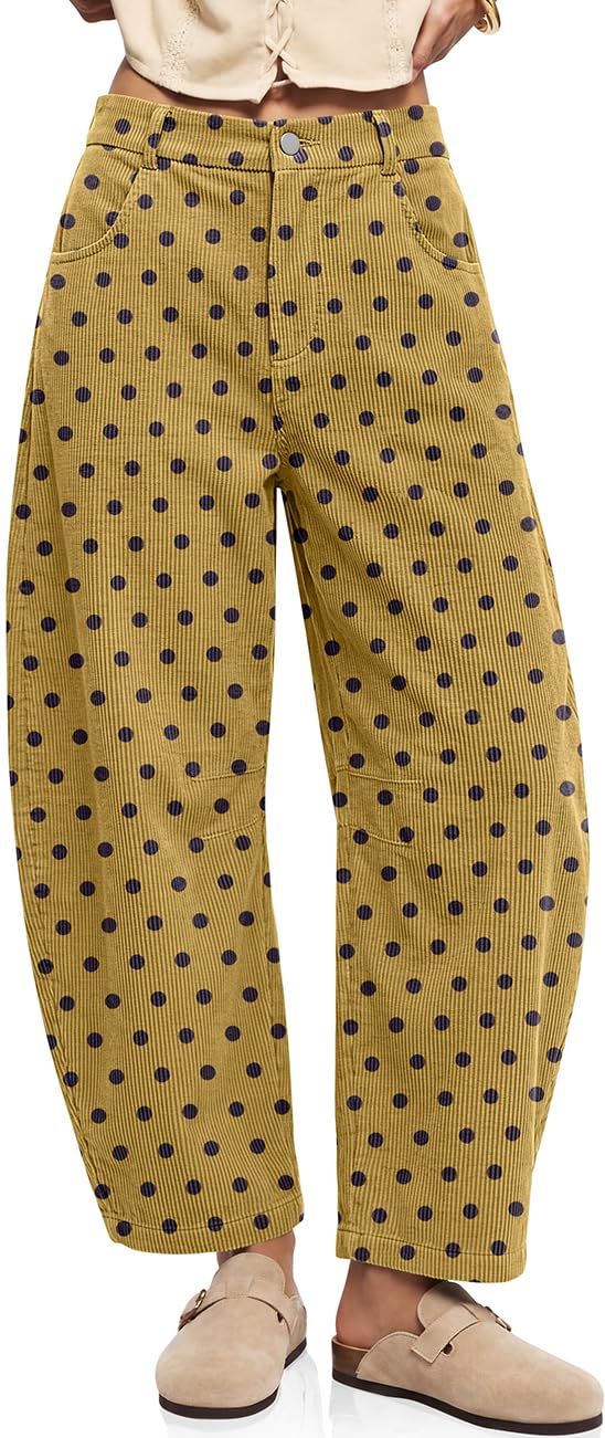 Womens Barrel Corduroy Pants Wide Leg Floral Printed Baggy Trousers