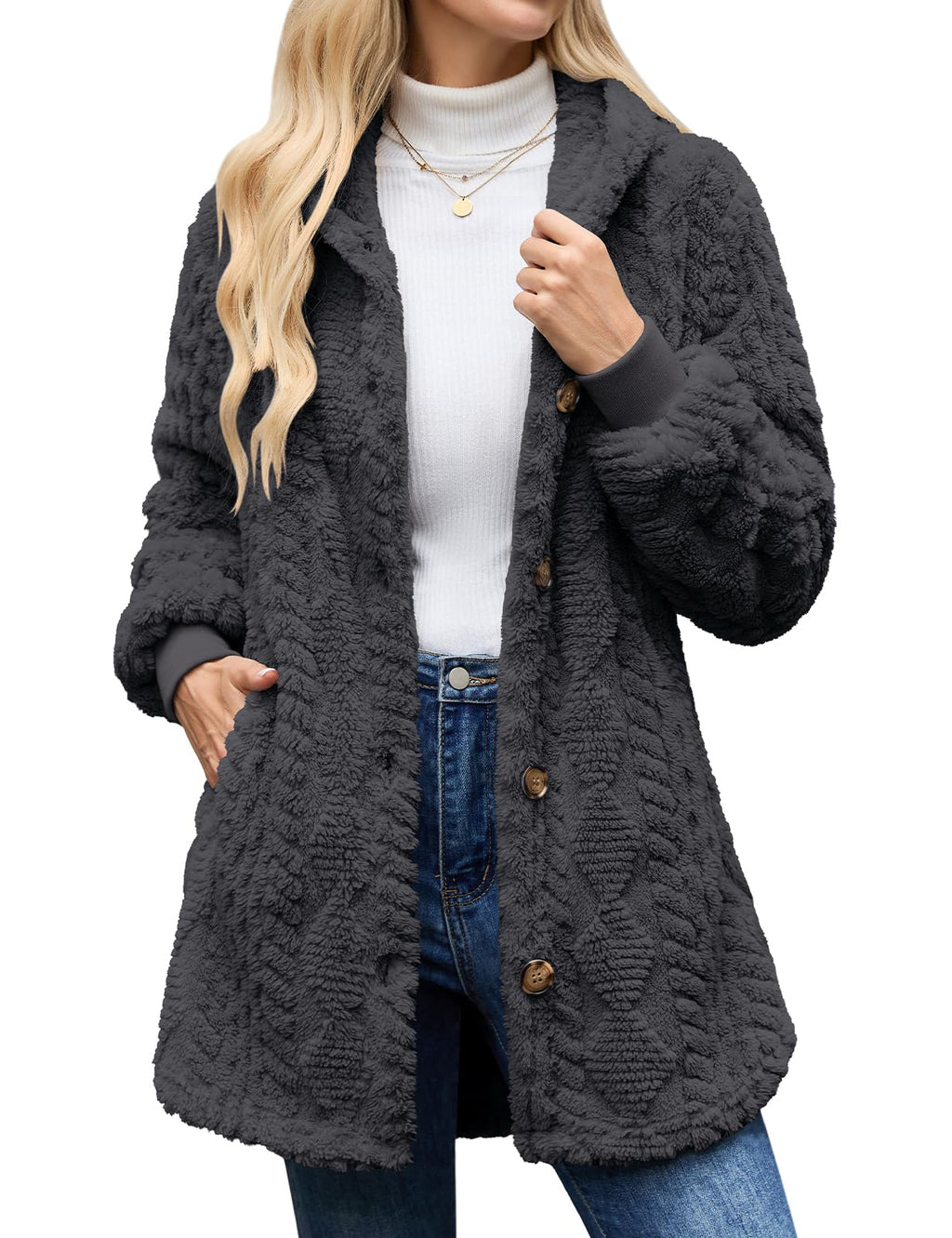 Women's Winter Sherpa Fleece Jacket Hooded Button Down Warm Coat