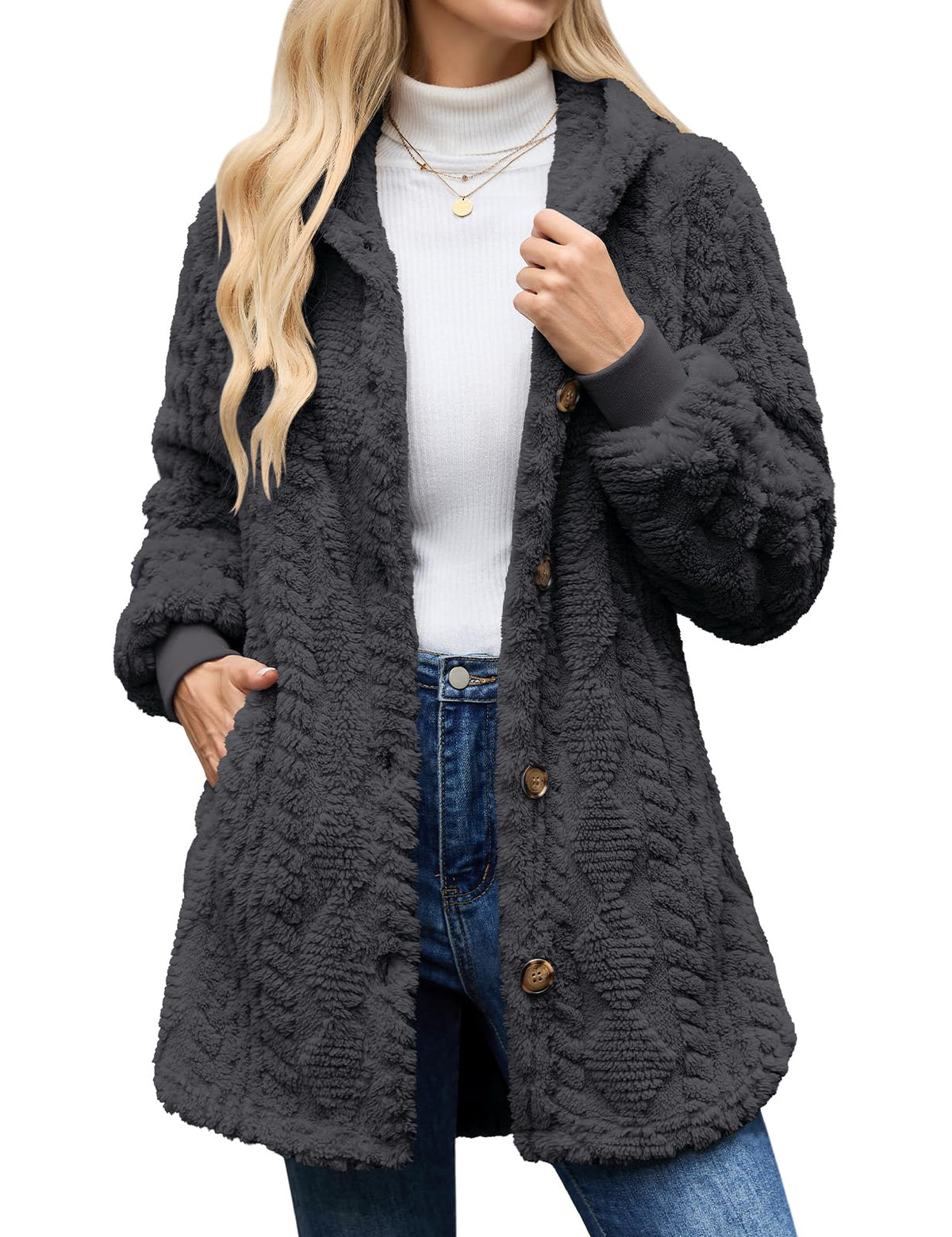 Women's Winter Sherpa Fleece Jacket Hooded Button Down Warm Coat
