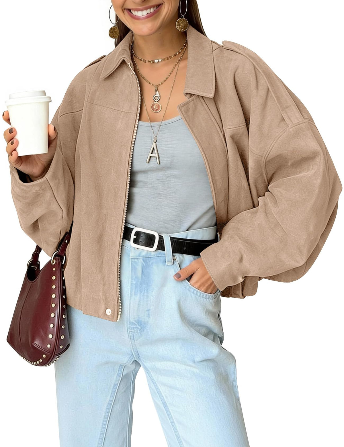 Womens Bomber Jacket Oversized Long Sleeve Cropped Coat