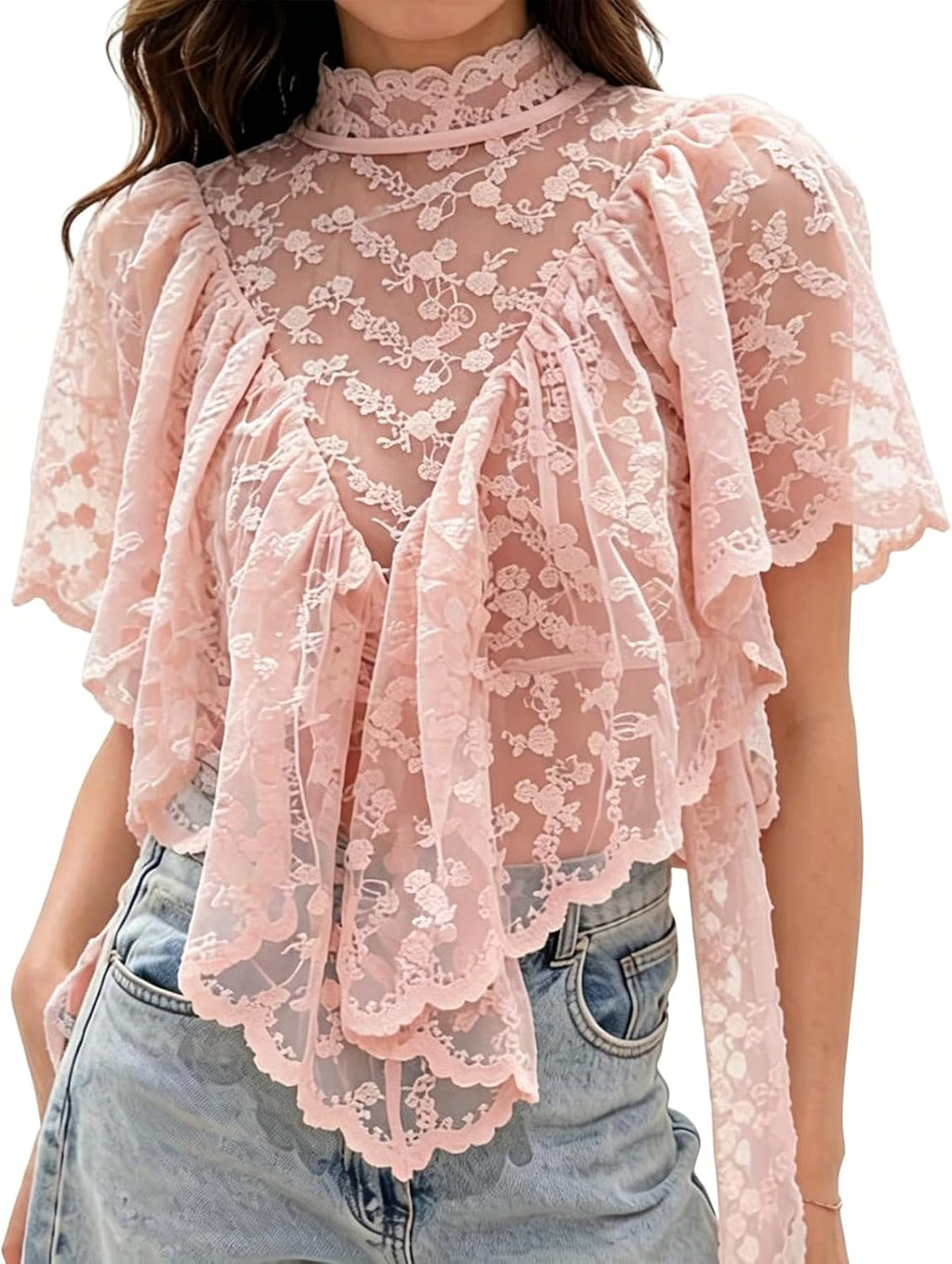 Womens Shirt Sheer Ruffle Flare Sleeve Casual Loose See Through Cover Up Top Blouse