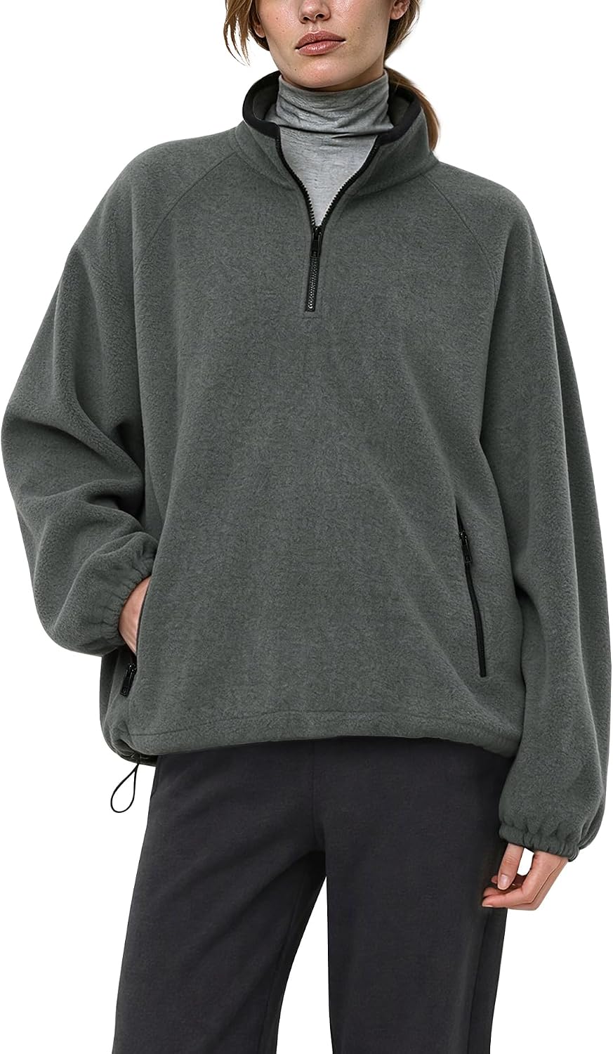 Womens Fleece Quarter Zip Pullover Jacket with Zip Pockets