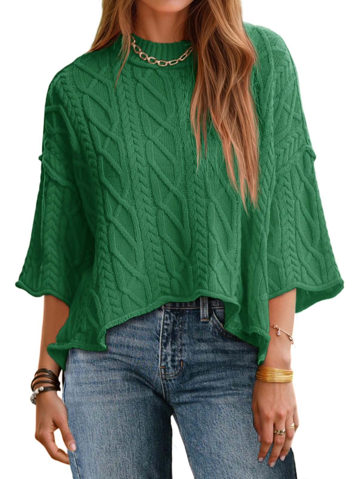 Womens Cable Knit Cropped Sweaters Oversize 3/4 Sleeve Pullover