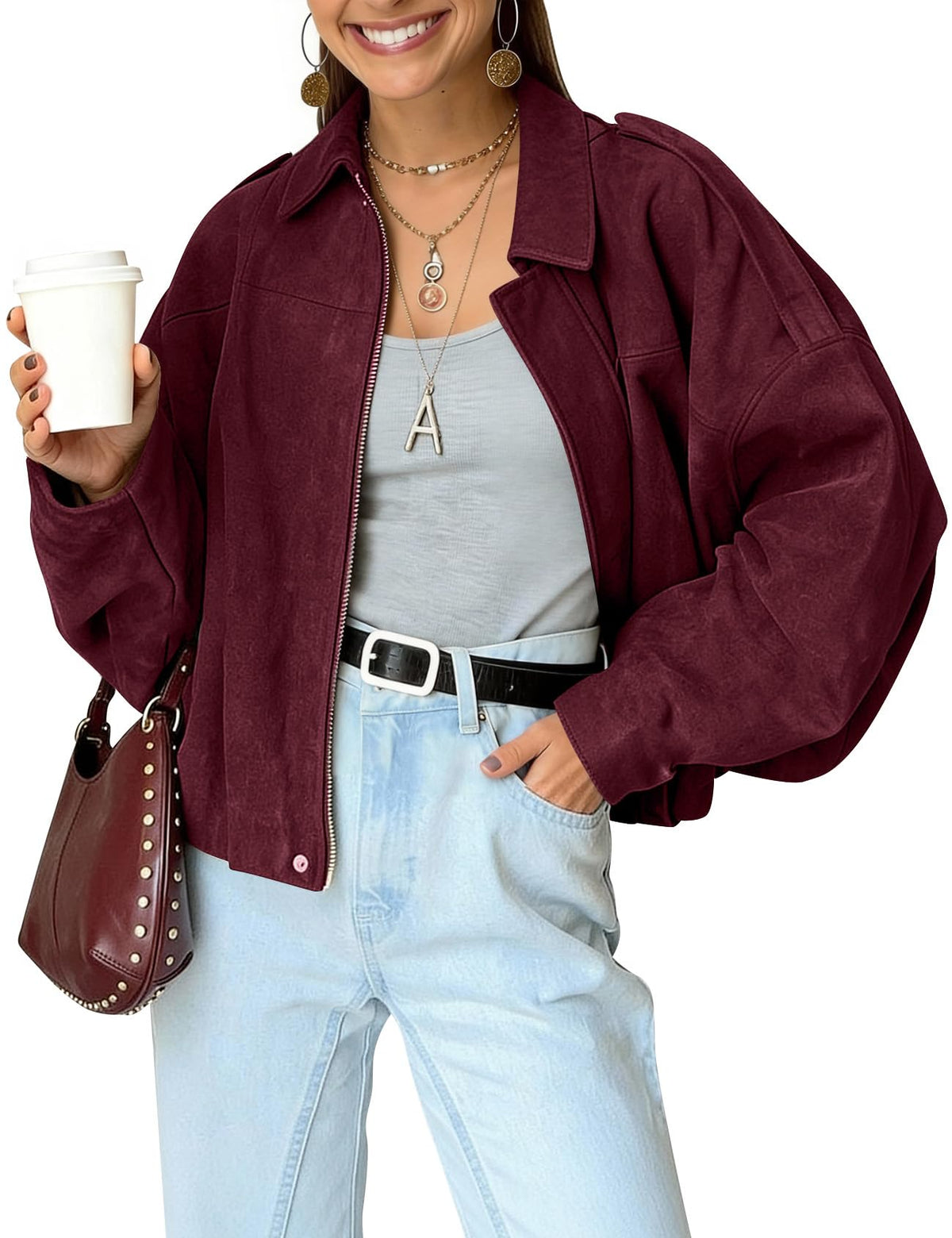Womens Bomber Jacket Oversized Long Sleeve Cropped Coat