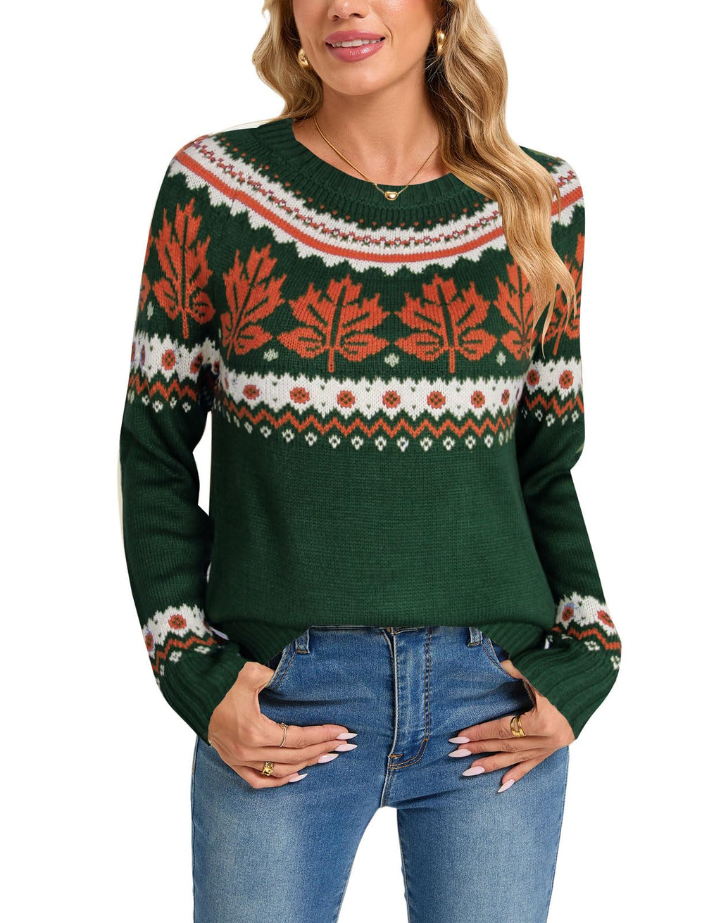 Womens Knit Leaf Sweaters Long Sleeve Crew Neck