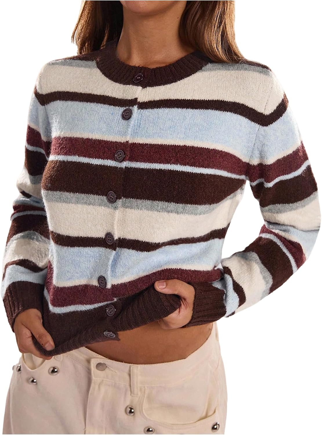 Women's Fall Outfit Casual Striped Color Block Cropped Cardigan