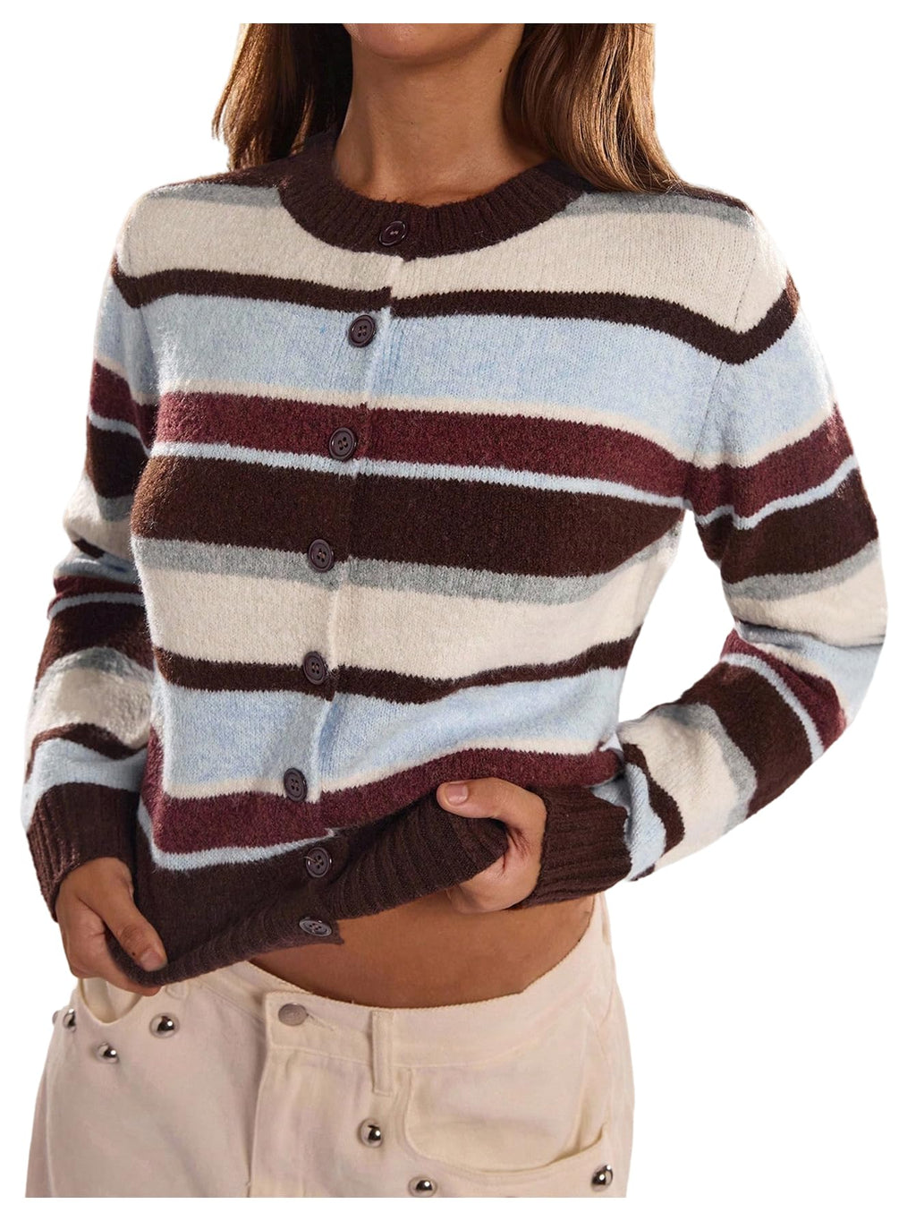 Women's Fall Outfit Casual Striped Color Block Cropped Cardigan