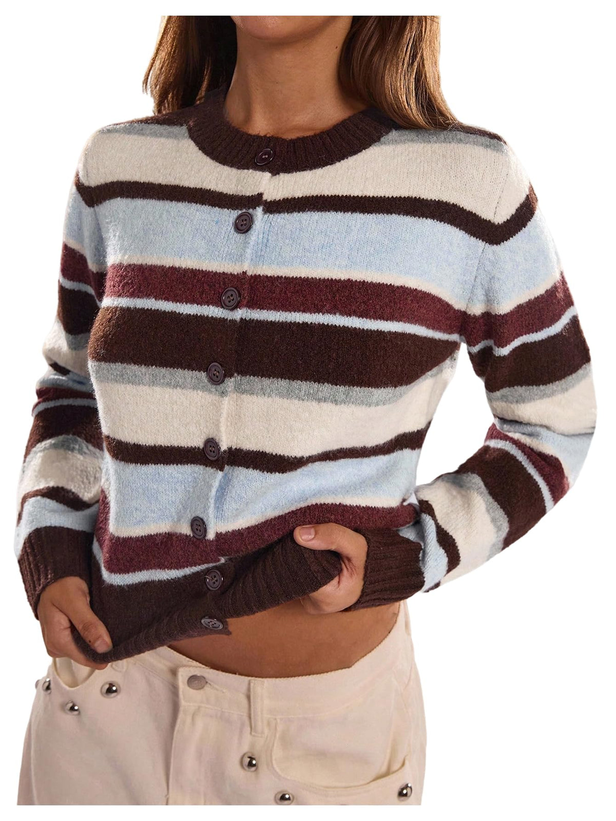 Women's Fall Outfit Casual Striped Color Block Cropped Cardigan