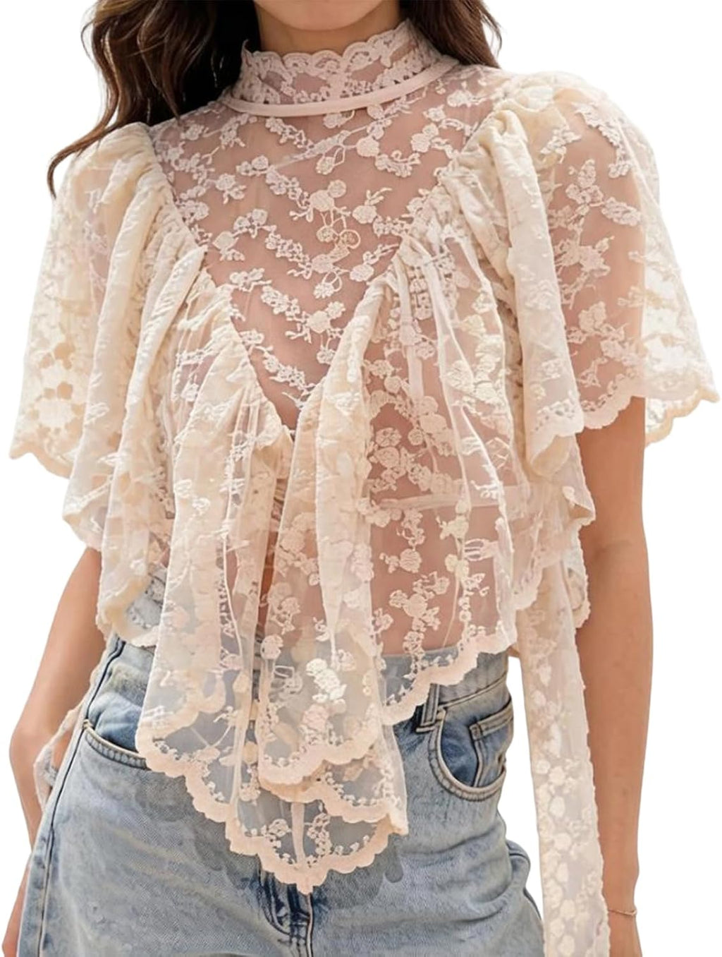 Womens Shirt Sheer Ruffle Flare Sleeve Casual Loose See Through Cover Up Top Blouse