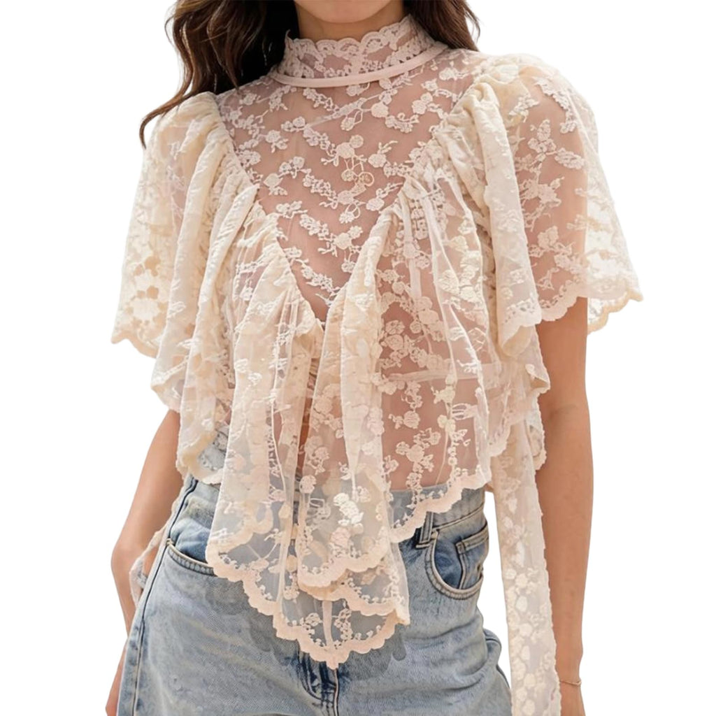 Womens Shirt Sheer Ruffle Flare Sleeve Casual Loose See Through Cover Up Top Blouse