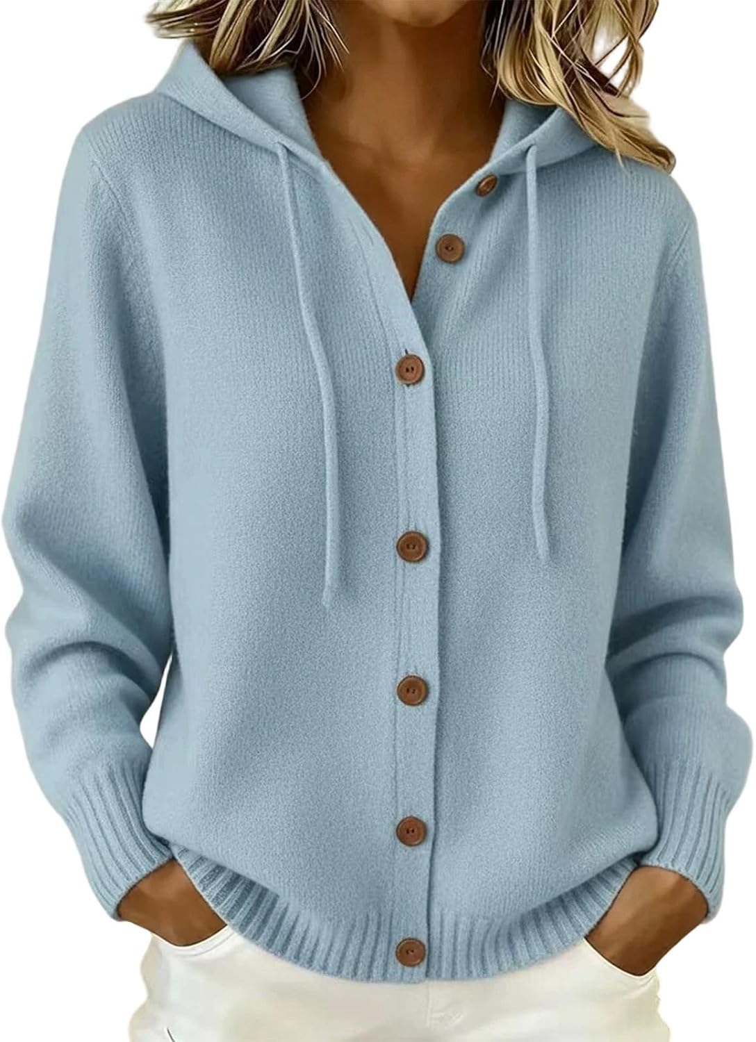 Womens Oversized Hooded Sweatshirt Cardigan Button Front Knit Long Sleeve Drawstring Hoodie 2026 Casual Fall Winter Top