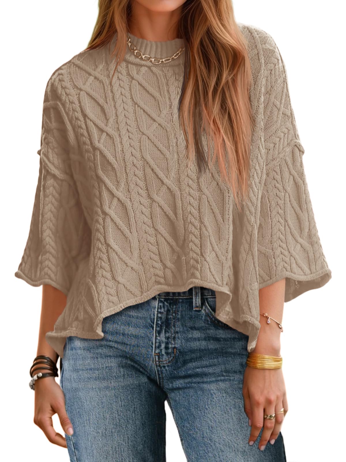 Womens Cable Knit Cropped Sweaters Oversize 3/4 Sleeve Pullover