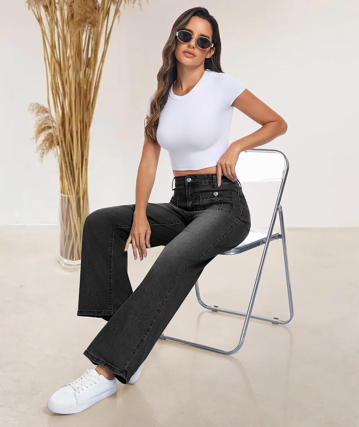 Wide Leg Jeans for Women, Blue, High Waist