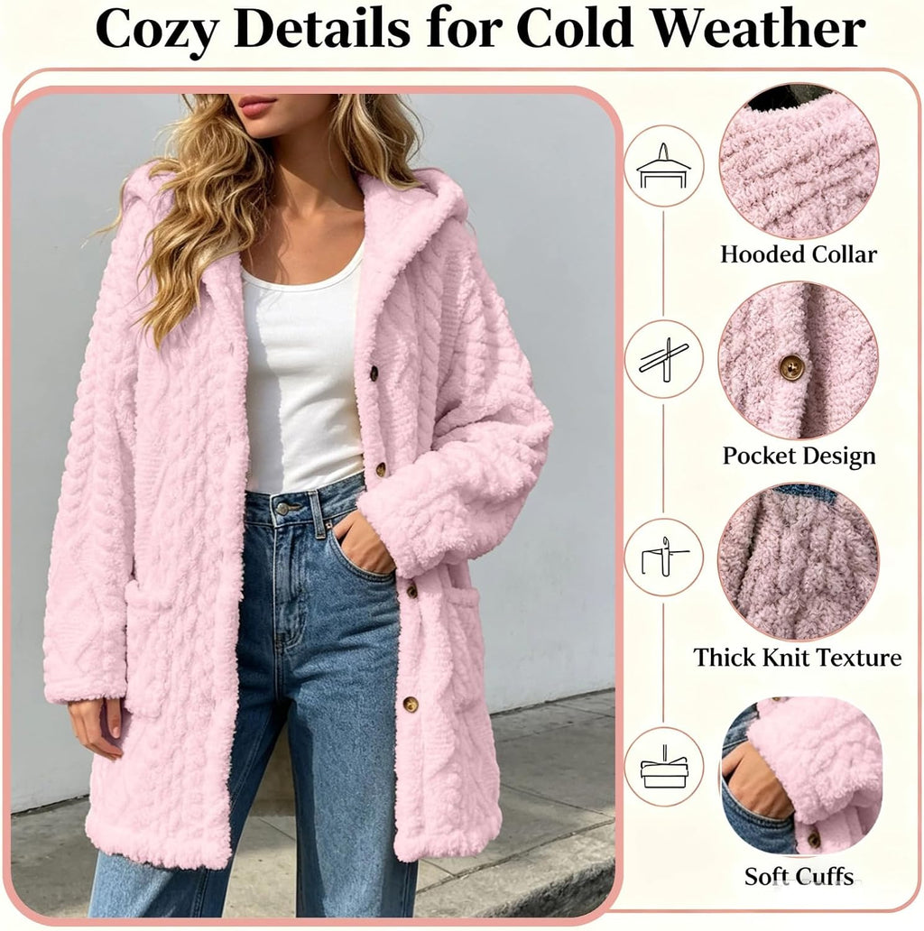 Womens Fleece Jacket Button Oversized Long Sherpa Hoodies Fuzzy Fall Winter Warm Cardigan Plush Soft Cozy Outerwear
