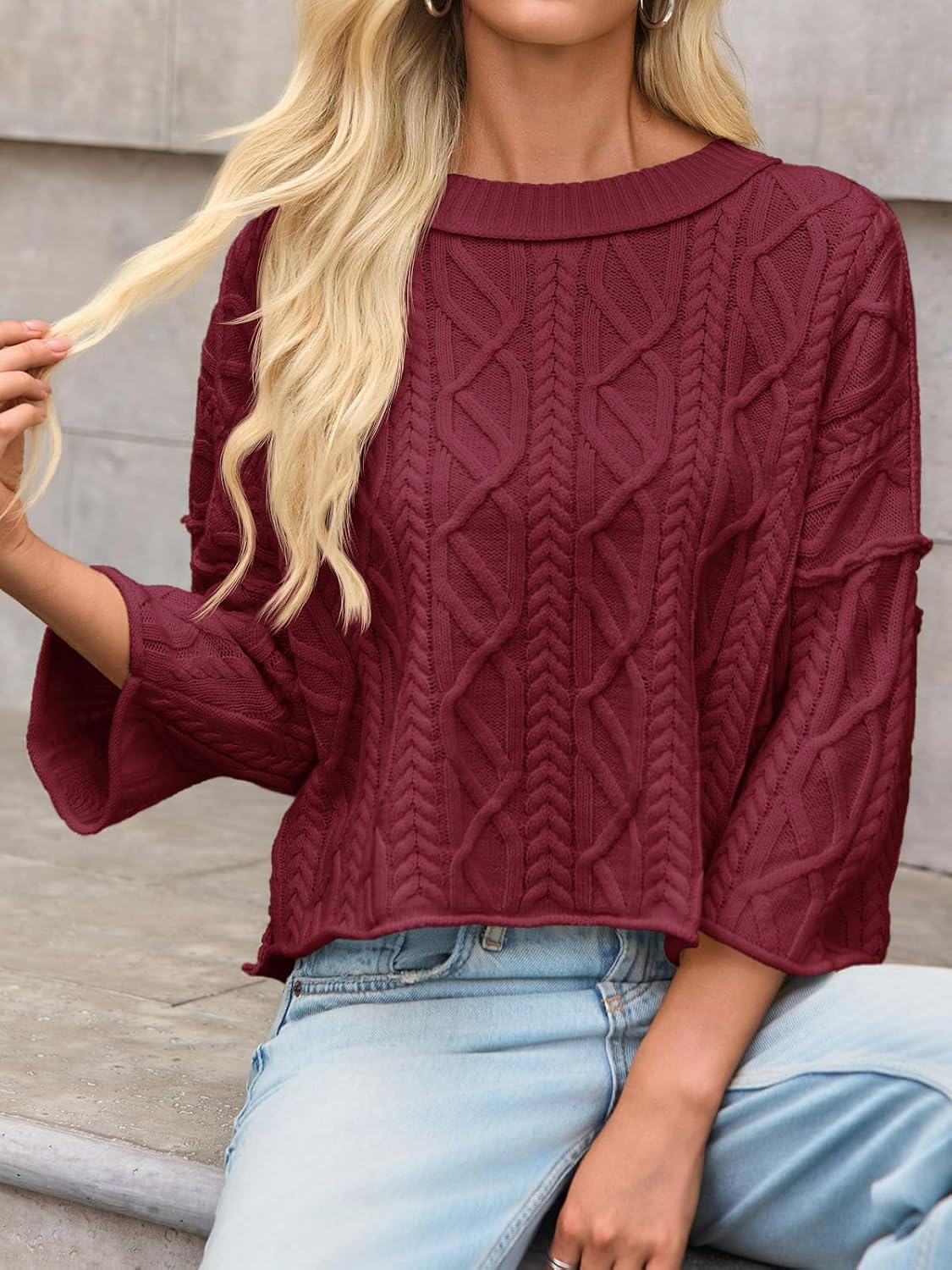 Womens Cable Knit Cropped Sweaters Oversize 3/4 Sleeve Pullover