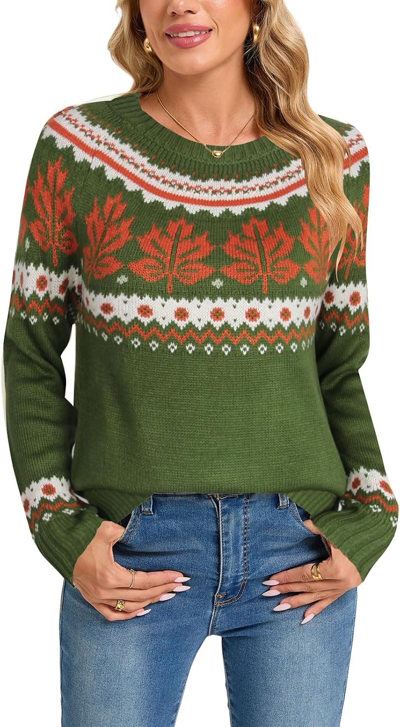 Womens Knit Leaf Sweaters Long Sleeve Crew Neck