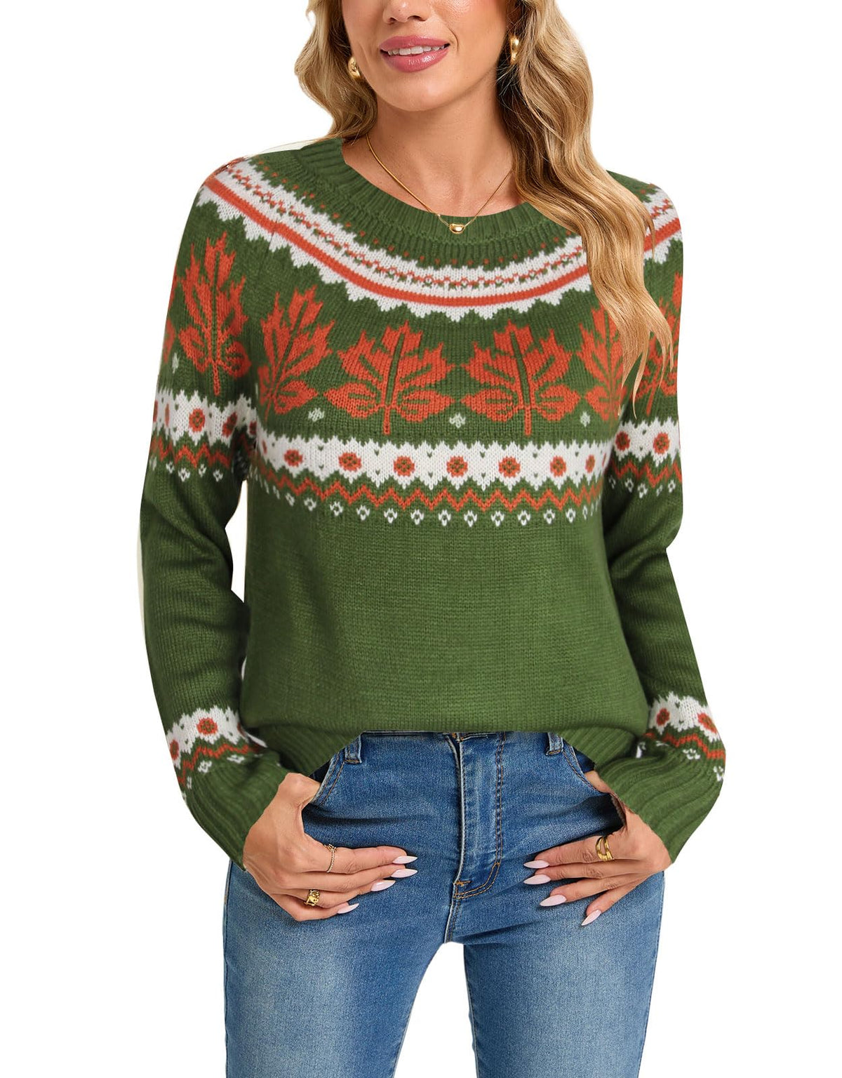 Womens Knit Leaf Sweaters Long Sleeve Crew Neck