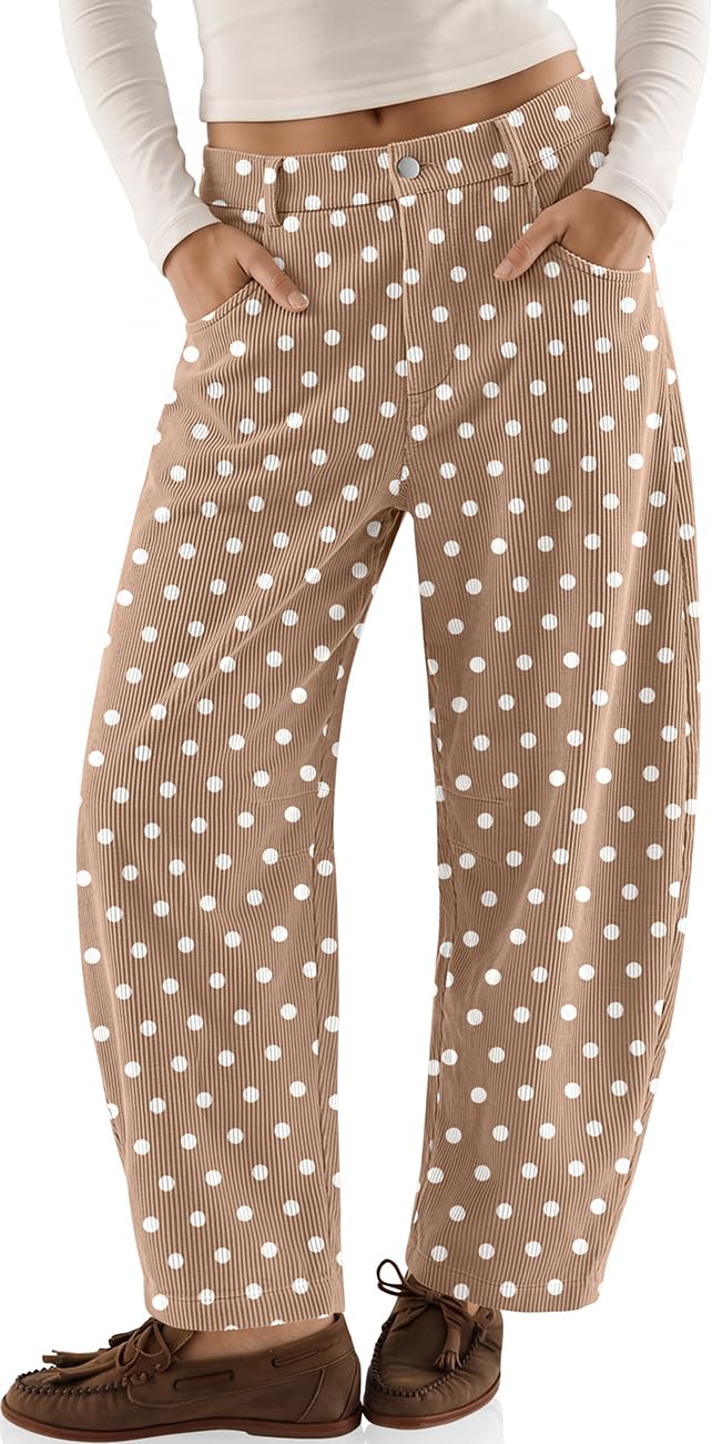 Womens Barrel Corduroy Pants Wide Leg Floral Printed Baggy Trousers