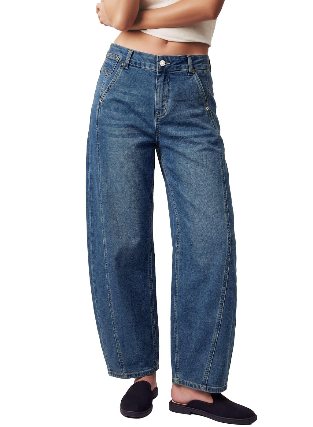Womens Barrel Jeans High Waist Baggy Cropped Stretch Denim Pants