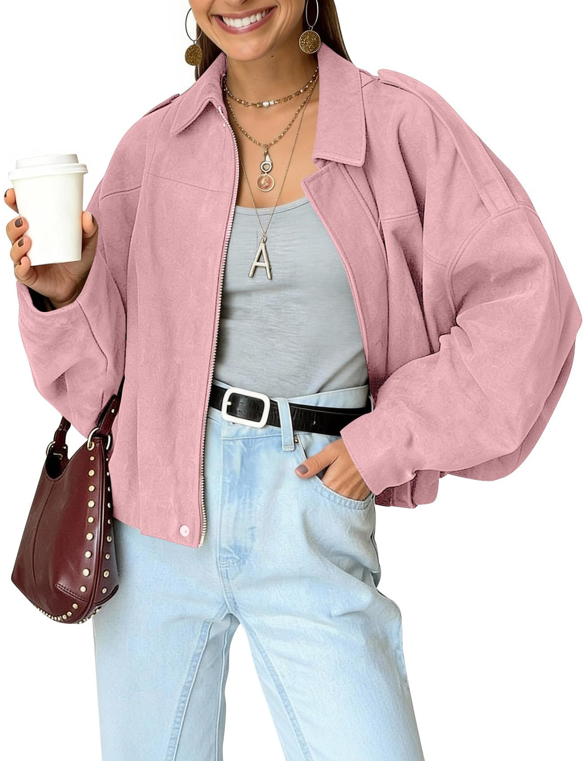 Womens Bomber Jacket Oversized Long Sleeve Cropped Coat