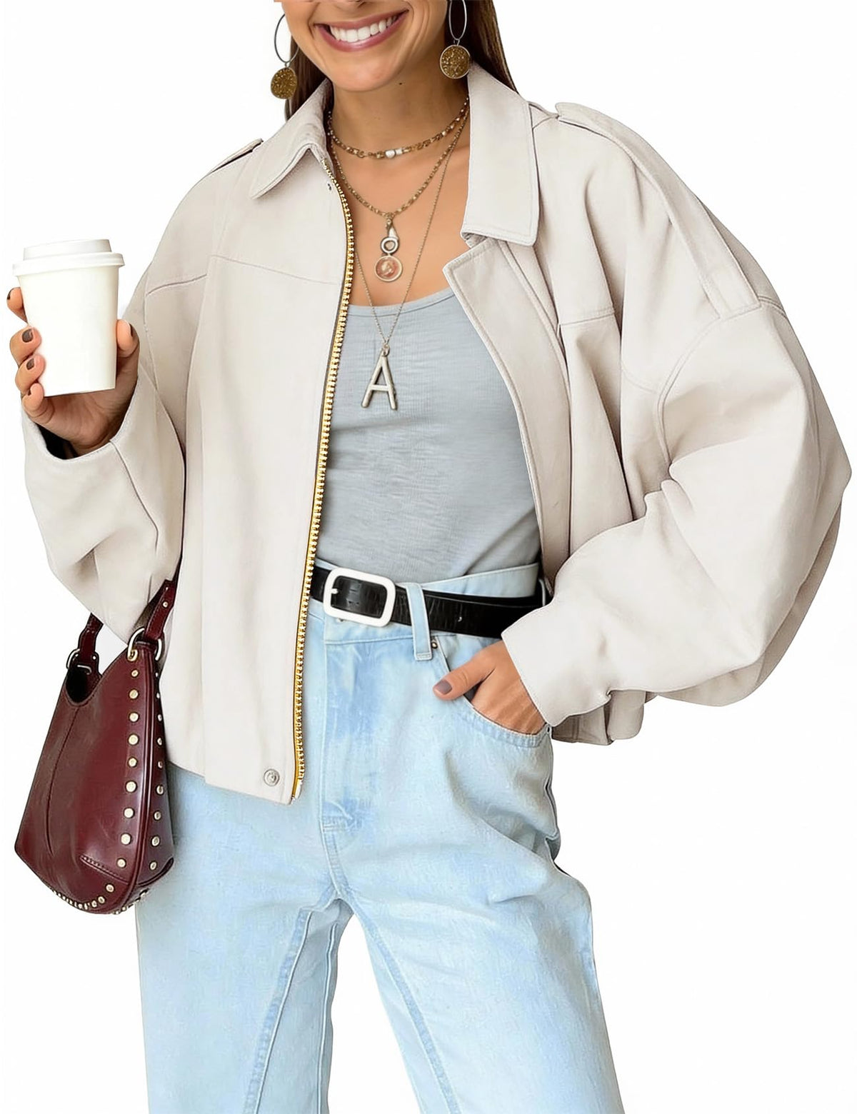 Womens Bomber Jacket Oversized Long Sleeve Cropped Coat