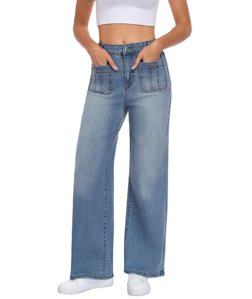 Wide Leg Jeans for Women, Blue, High Waist