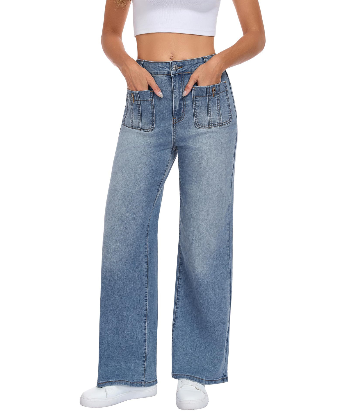 Wide Leg Jeans for Women, Blue, High Waist