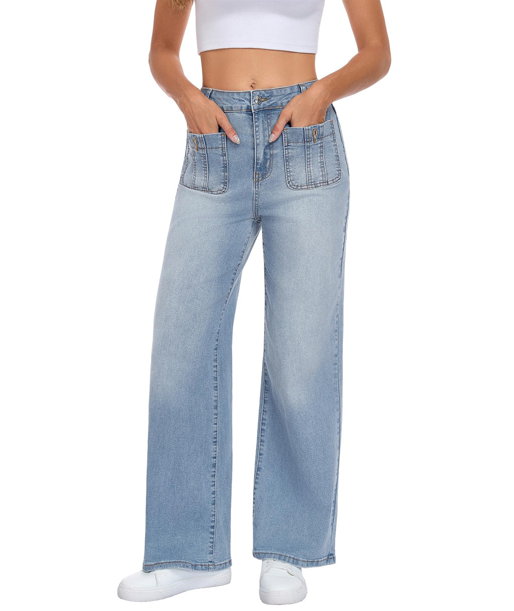 Wide Leg Jeans for Women, Blue, High Waist