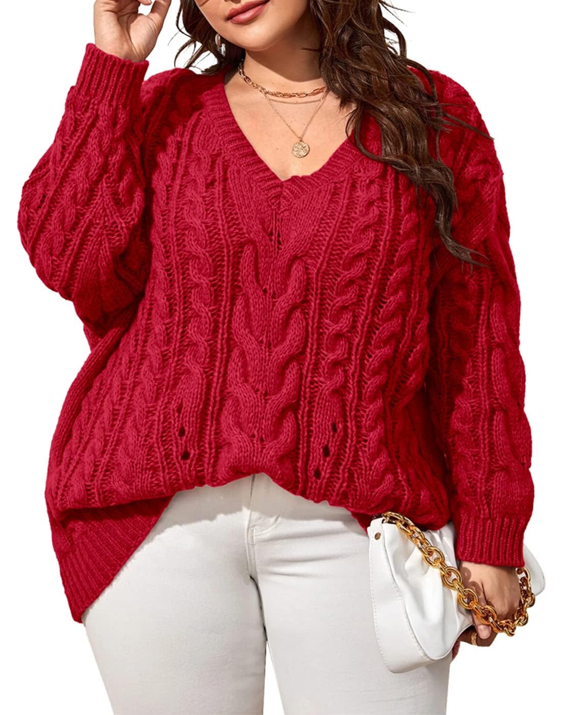 Womens Plus Size Sweaters V Neck Cable Knit Casual Sweater Tops