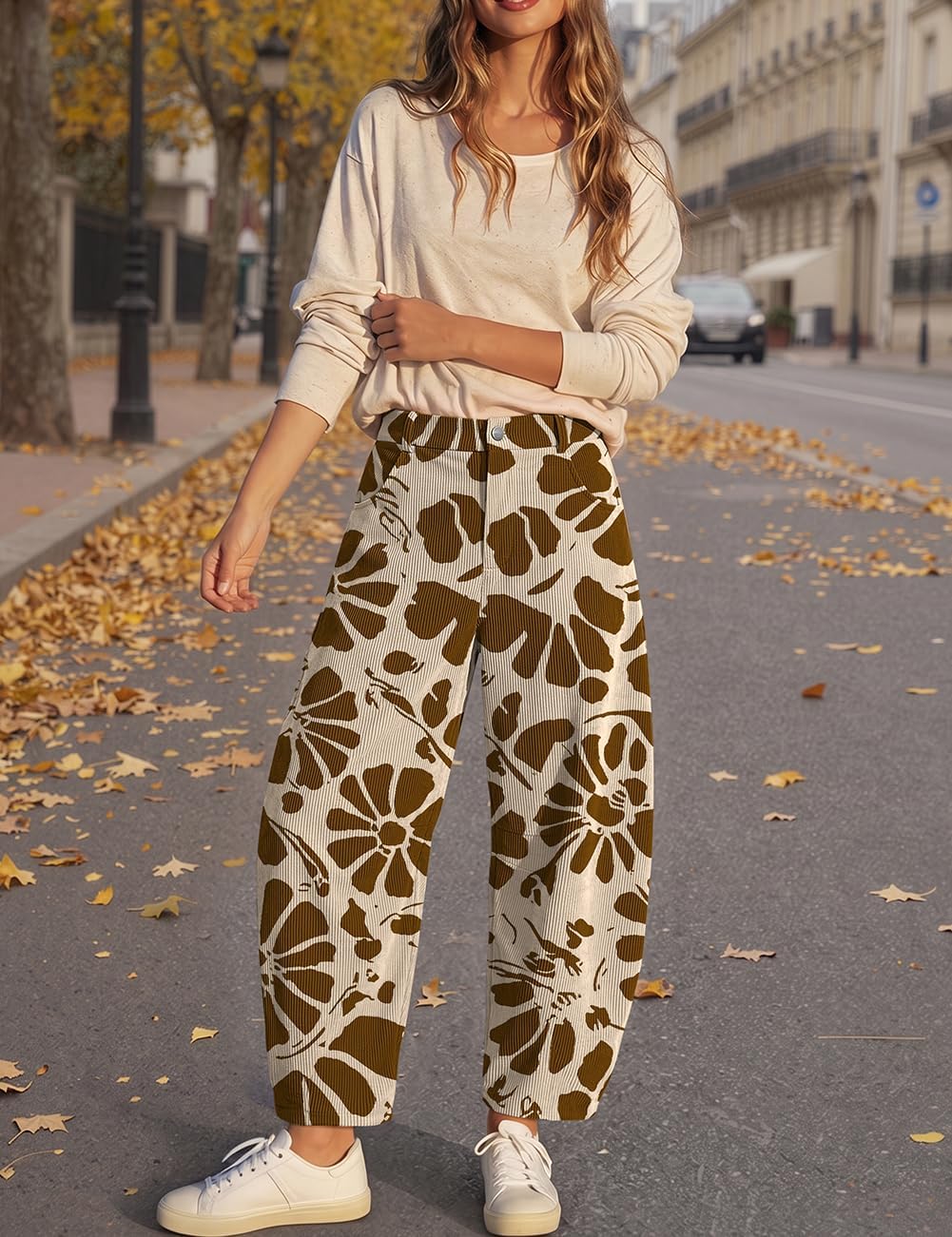 Womens Barrel Corduroy Pants Wide Leg Floral Printed Baggy Trousers