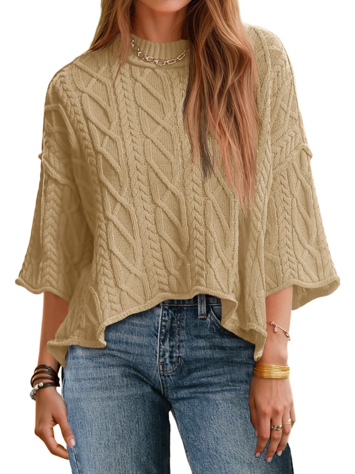 Womens Cable Knit Cropped Sweaters Oversize 3/4 Sleeve Pullover