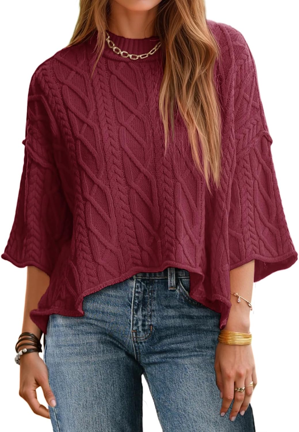 Womens Cable Knit Cropped Sweaters Oversize 3/4 Sleeve Pullover