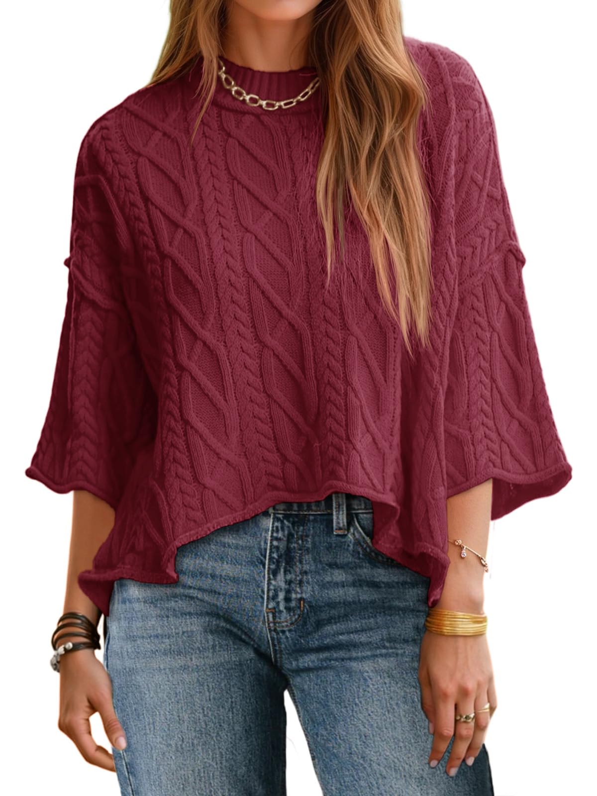 Womens Cable Knit Cropped Sweaters Oversize 3/4 Sleeve Pullover