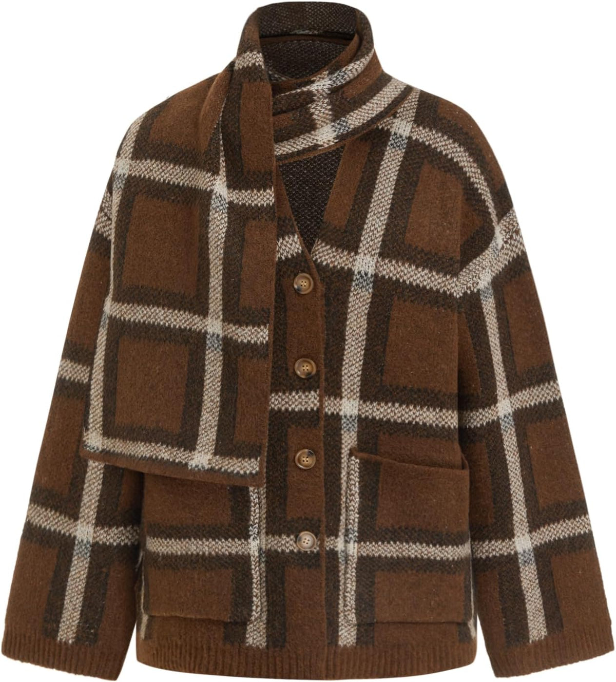 Oversized Plaid Cardigan Sweaters Knit Jacket with Matching Scarf