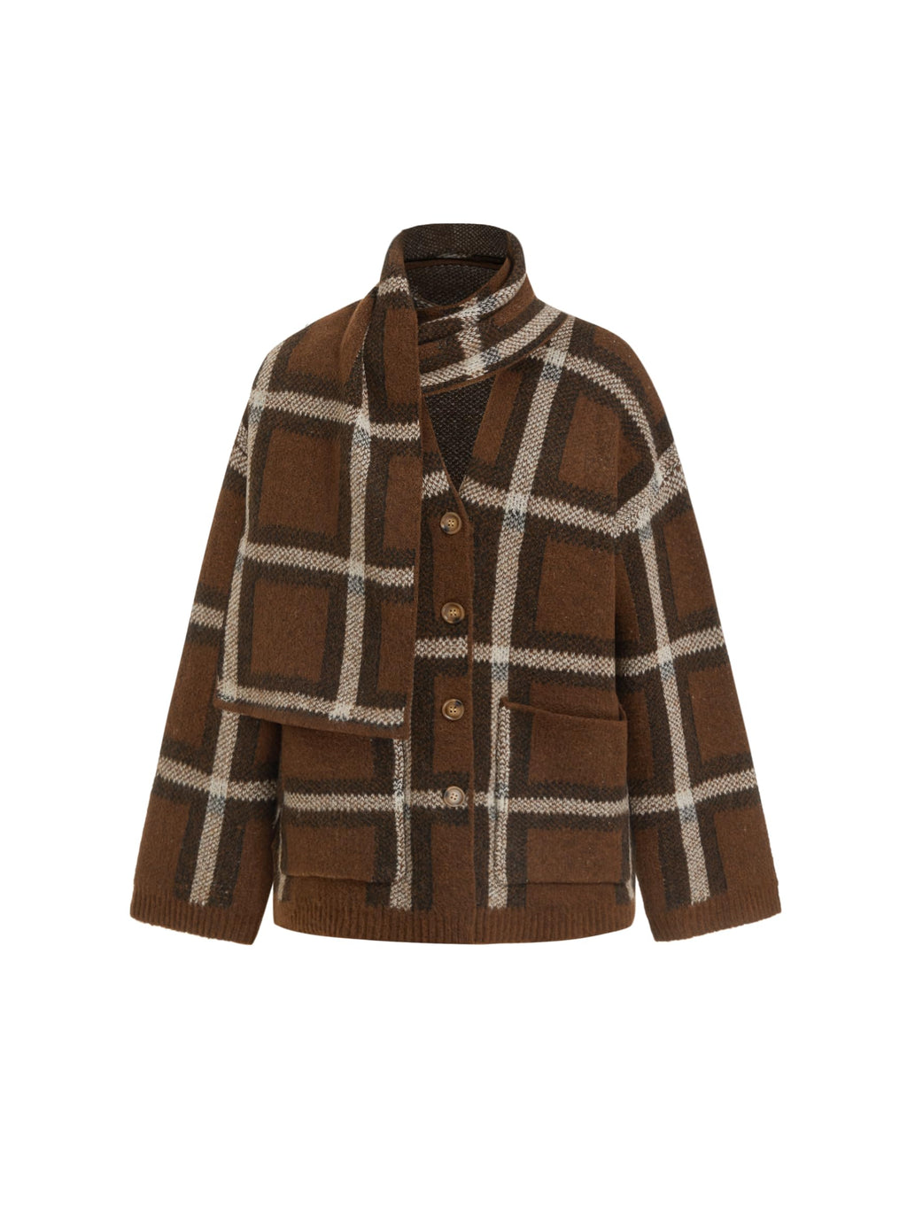 Oversized Plaid Cardigan Sweaters Knit Jacket with Matching Scarf