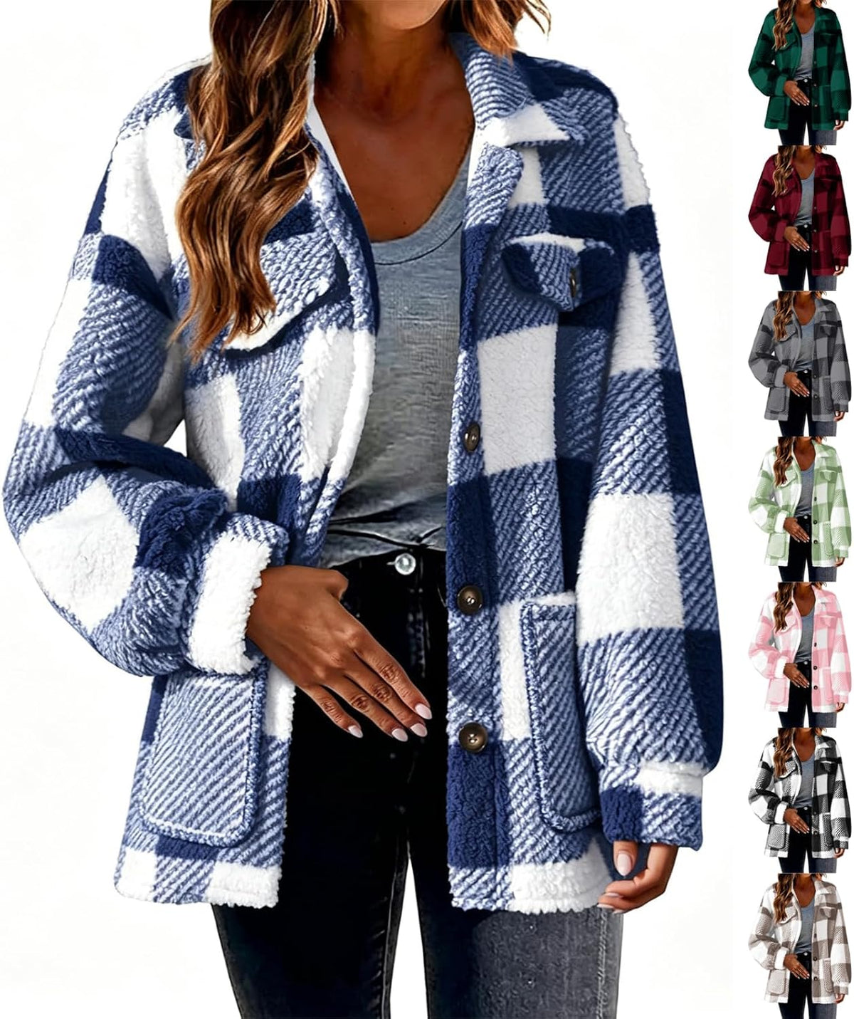 Womens Fleece Sherpa Jacket Button Down Plaid Flannel Shacket with Pockets