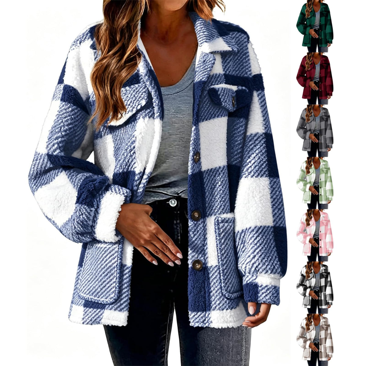 Womens Fleece Sherpa Jacket Button Down Plaid Flannel Shacket with Pockets