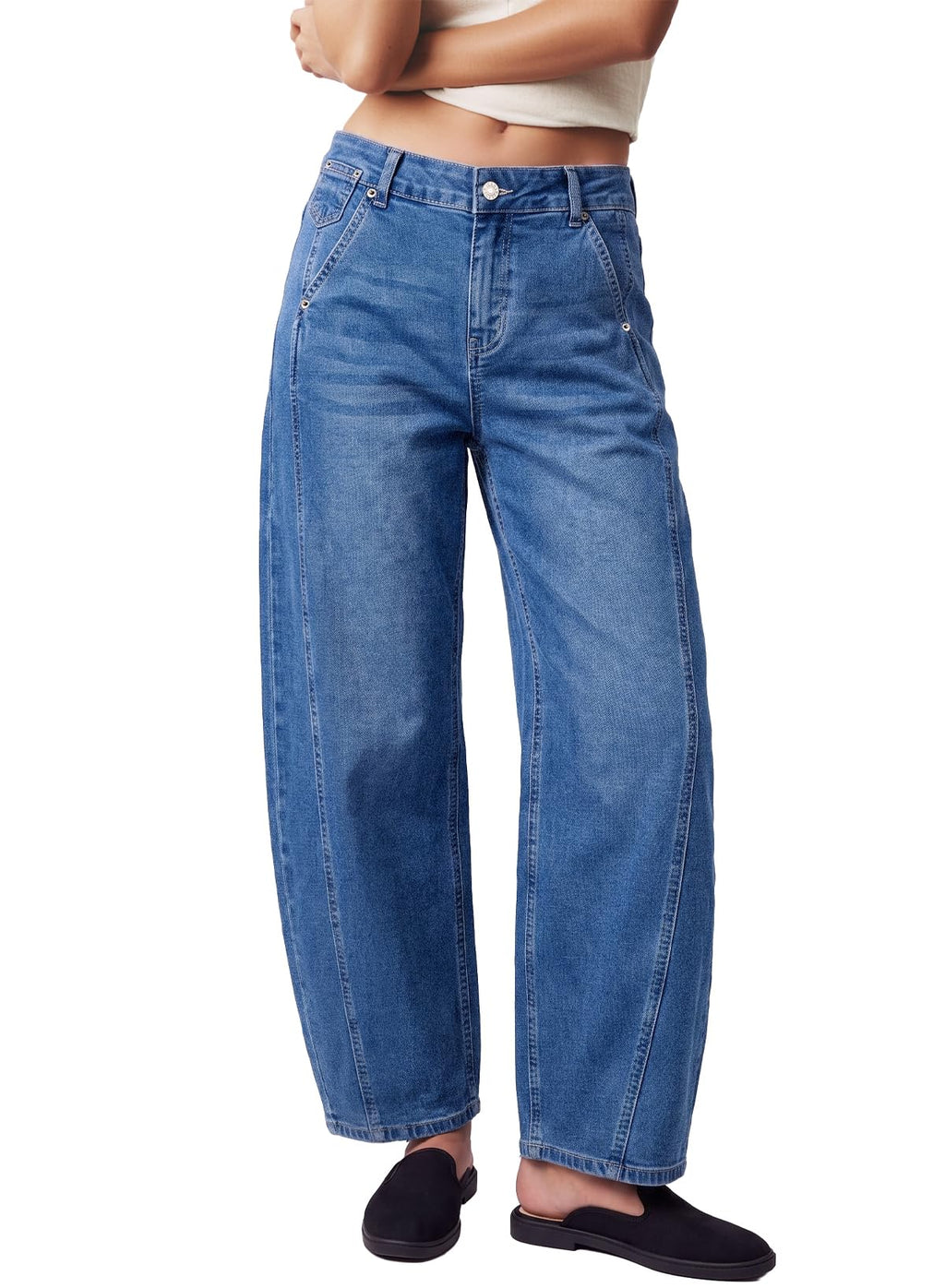 Womens Barrel Jeans High Waist Baggy Cropped Stretch Denim Pants