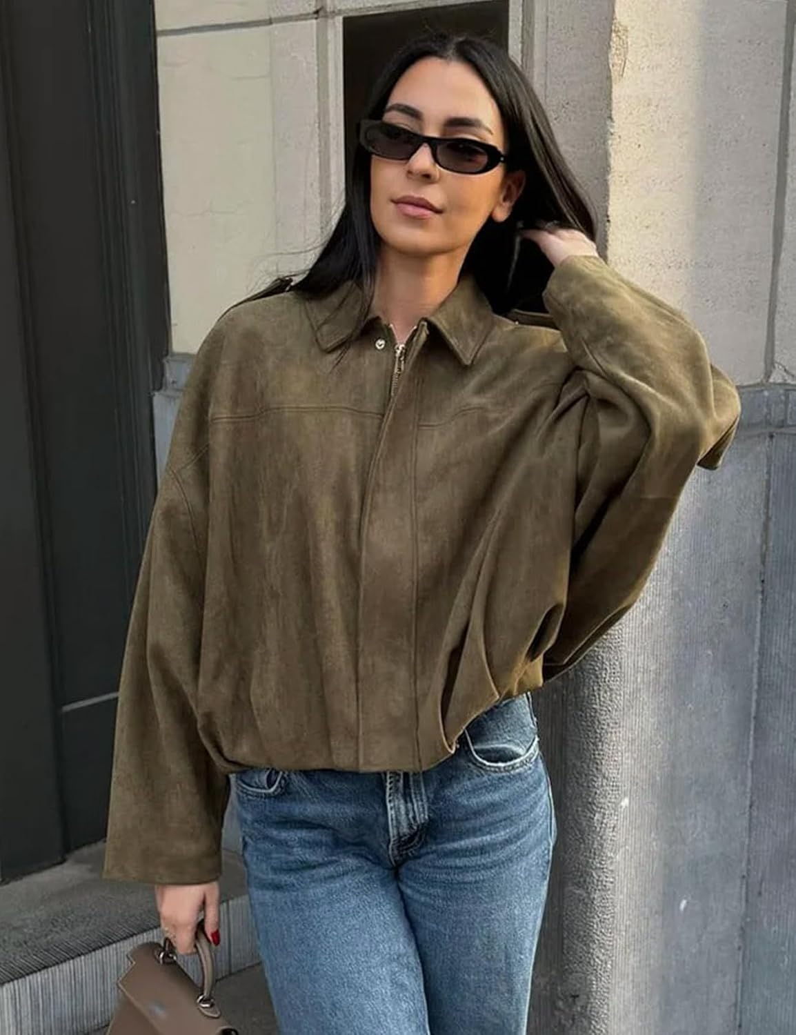 Womens Bomber Jacket Oversized Long Sleeve Cropped Coat