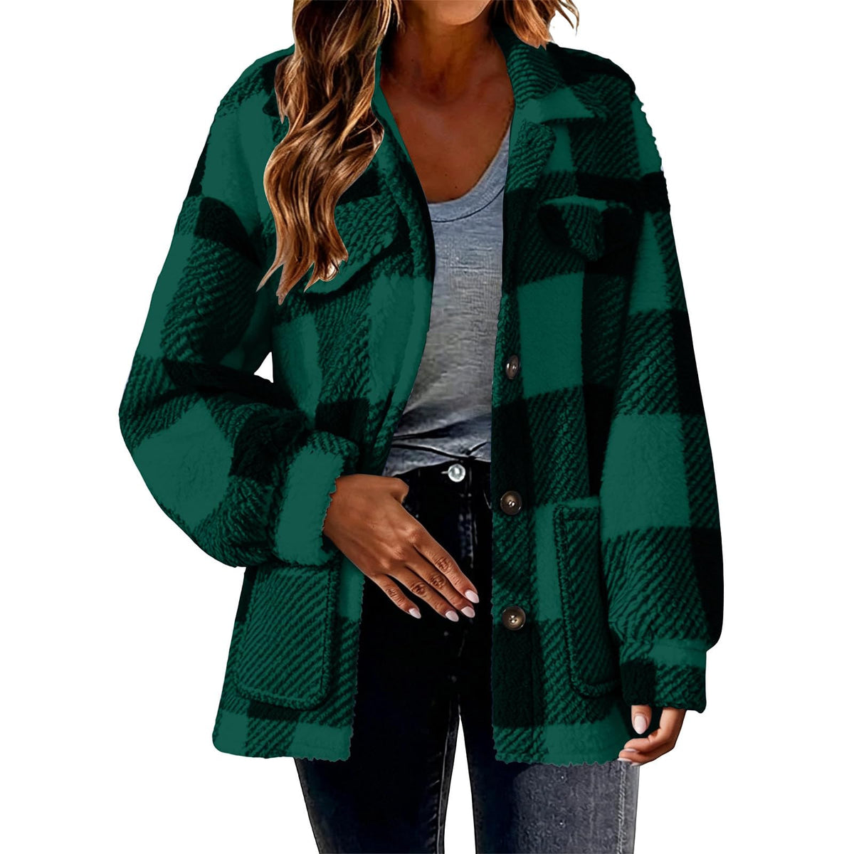 Womens Fleece Sherpa Jacket Button Down Plaid Flannel Shacket with Pockets