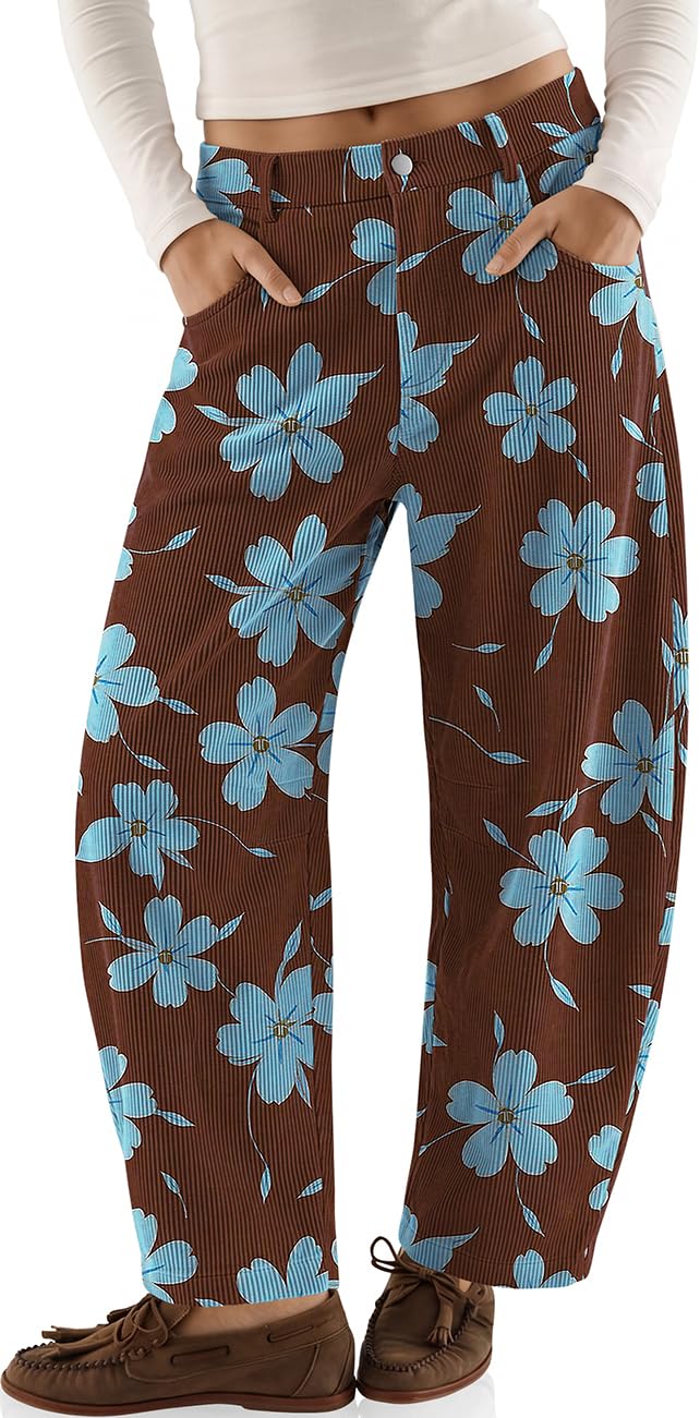 Womens Barrel Corduroy Pants Wide Leg Floral Printed Baggy Trousers