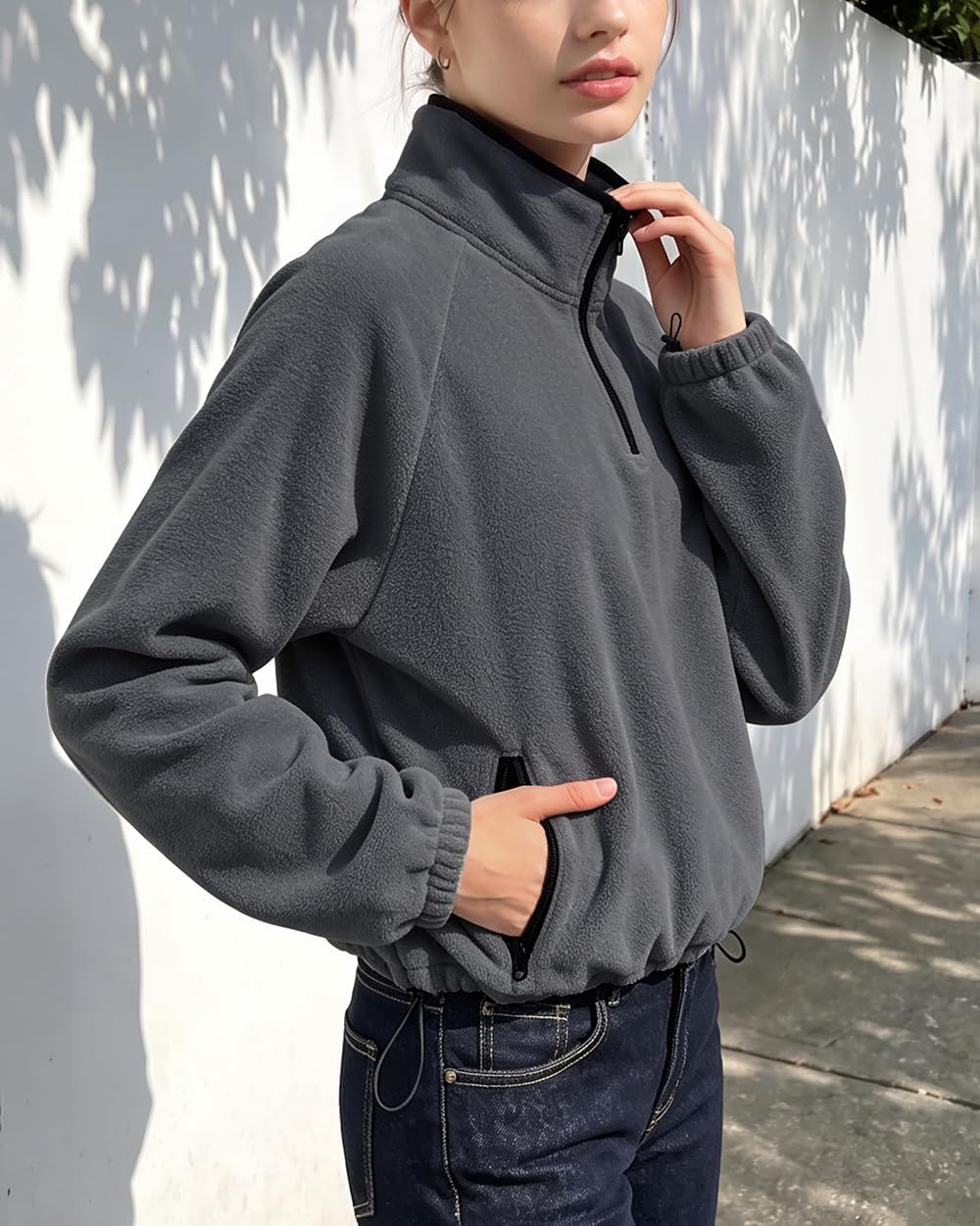 Womens Fleece Quarter Zip Pullover Jacket with Zip Pockets