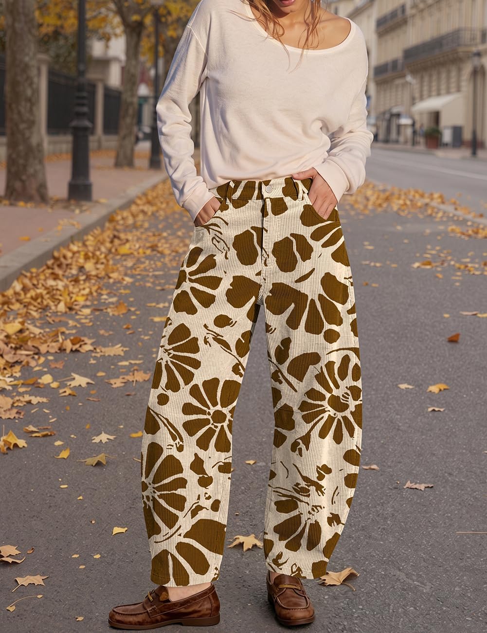 Womens Barrel Corduroy Pants Wide Leg Floral Printed Baggy Trousers
